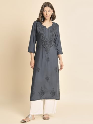 Image of VAIRAGEE Women's Embroidered Lukhnavi Chikankari Work Straight Rayon Ethnic Kurta | Casual Office Kurta for Women