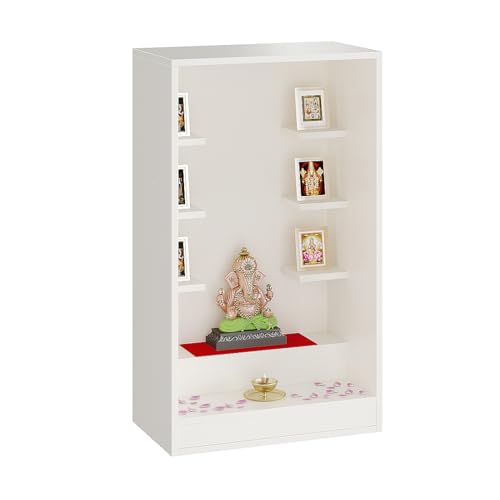 FURNEASER Ketki Wall Mounted Wooden Pooja Mandir for Home | Compact Temple Unit with Shelves for Idols & Frames | Engineered Wood in Frosty White Finish | 85x50x28 cm