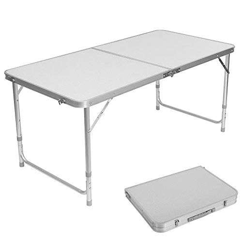 Lambony Mesa plegable de 120 x 60 x 55/60/70 cm  Altura ajustable de aluminio, ligera, portátil, camping, picnic, jardín, barbacoa, fiesta festival con asa de transporte, color blanco