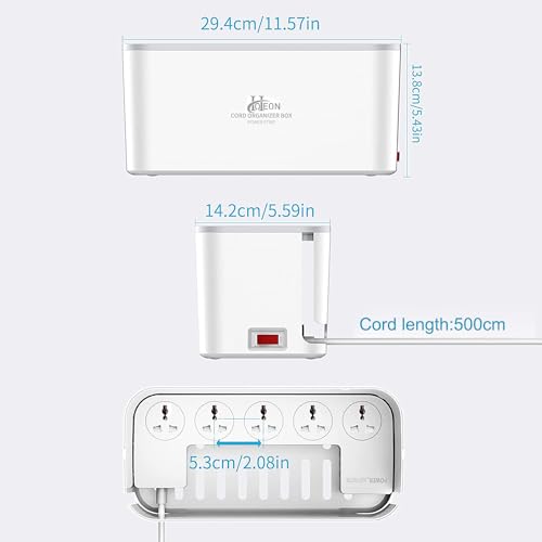 Image of Extension Board with Cable Management Box, Hoteon Power Strip Plus Cord Organizer Box with Reset, 2500W /10A 5nos Universal Sockets and 3nos 5V /3.1A USB Ports, 5Mtr Surge Protection(3 PIN White)