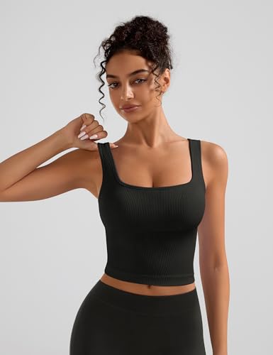 Image of OLCHEE Womens 3 Pack Crop Tank Tops Basic Seamless Ribbed Sleeveless Square Neck Workout Top Summer Exercise Yoga Gym Shirts
