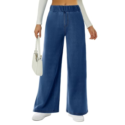 FireSwan Women's Wide Leg Jeans Stretchy Mid Rise Elastic Waist Jeans Baggy Loose Denim Pants with Pockets Trendy Casual