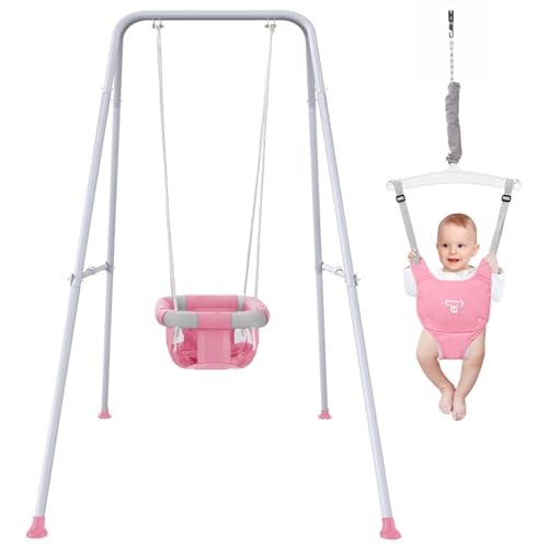 Image of 2 in 1 Baby Jumper with Swing - Indoor and Outdoor Use, Toddler Swing with Foldable Stand (Pink)