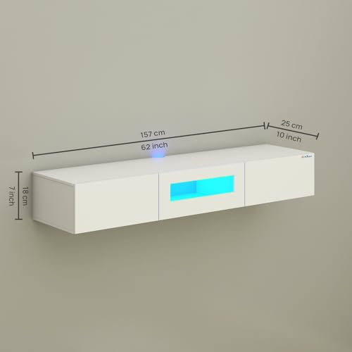 Image of Anikaa Lucen Wall Mount Modern Floating TV Unit for Living Room | 3 Closed Storage cabinets with hinged Door - Blue Color LED Light | Ideal for UP to 65 Inch TV (White Finish - DIY Installation)