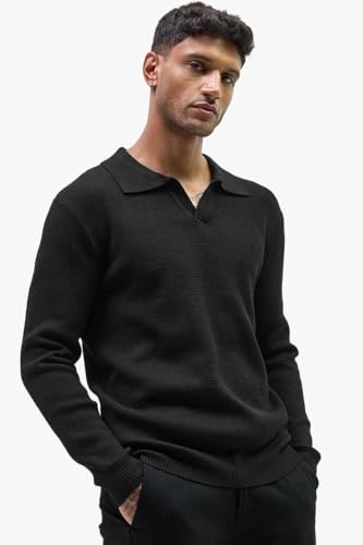 Image of SNITCH Men's Textured| Self-Design Sweaters | Casual Wear| College Wear Streetwear Style | Acrylic Blend Polo Full Sleeve Slim Fit Black