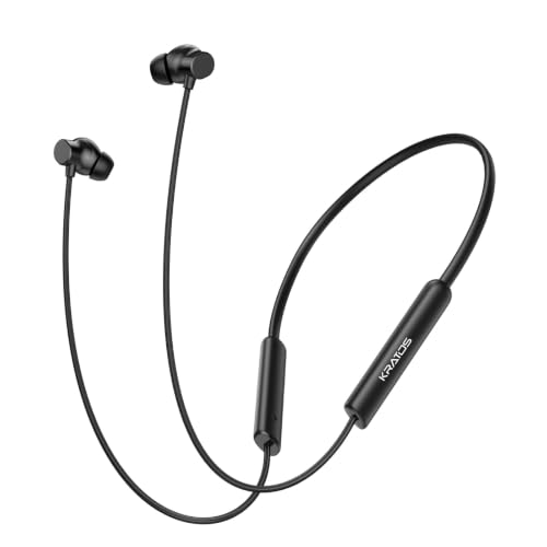 Image of Kratos Black Bluetooth Neckband with 55H Playtime, Deep Bass, Stereo Sound, HD Calls, Magnetic Earbuds, Voice Assistant, Type-C Fast Charging, Rich Audio, Hollow Switch for Comfort & Style