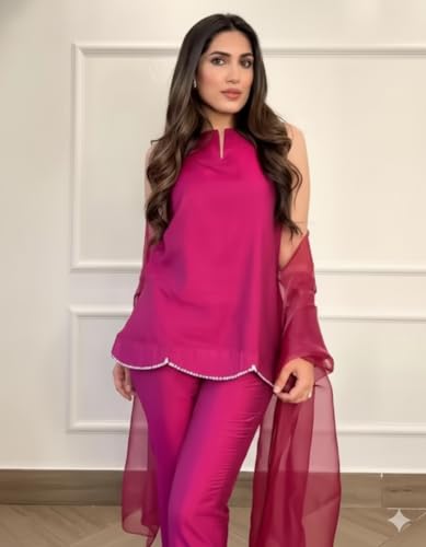 Image of Women's Teal Chiffon Kurta with Dupatta and Palazzo Pants, 3-Piece Ethnic Suit Set