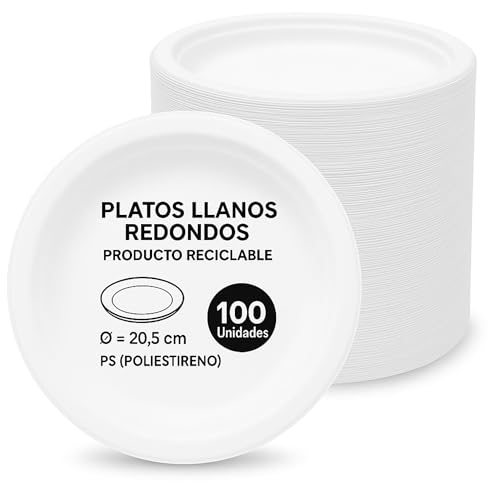 Platos de plástico blancos reutilizables, Plato de plástico llano redondo, apto para alimentos calientes, Platos extra resistentes, Norma UNE-EN-12875-1, Diseño llano diámetro 20.5 cm, 100 unidades