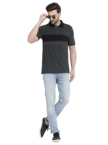 Kalt Men Half Sleeves Polo Neck Cotton Blend Striped T-Shirt