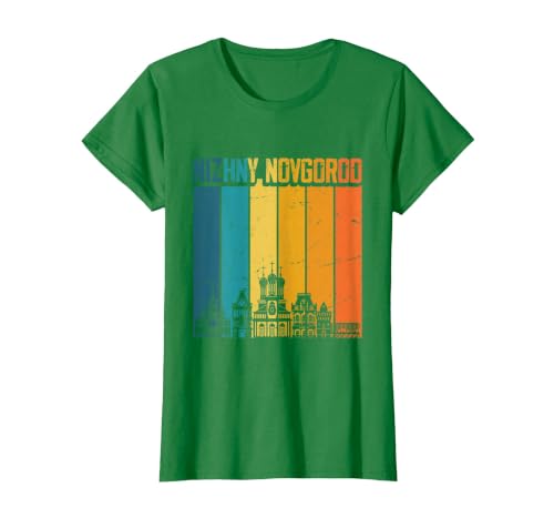 Nizhny Novgorod Russia Retro Vintage Sunset Skyline T-Shirt, Women, Kelly Green, Large