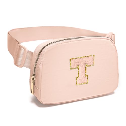 Image of Gitus Gifts for 8 9 10 11 12 Year Old Girls Belt Bag Fanny Pack Crossbody Bags with Initial Letter Patch Cute Stuff Birthday Gifts for Teen Girls Women Personalized Trend Stuff (Coral Pink-T)
