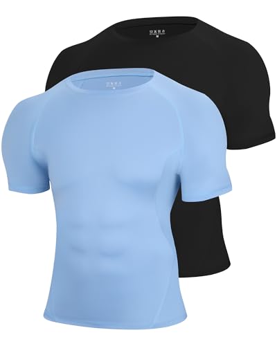Blueleaf 2 Pack Men’s Compression Shirts Short Sleeve Cool Dry Sports Athletic Workout Undershirt Base Layer T-Shirt Tops Black + Sky Blue XL