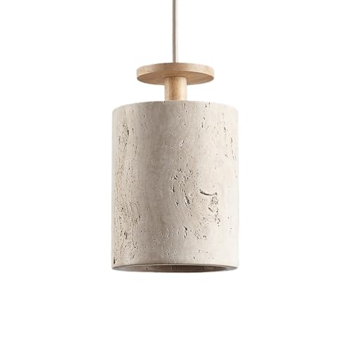 Lámpara colgante de travertino con cilindro superior en madera maciza