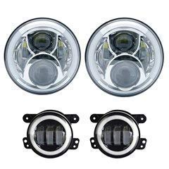 GlobalNiche® Pair 75W 7" Led Headlights DRL Projection + 4 inch Fog Lights White Halo for Wrangler JK TJ LJ Sahara Rubicon Unlimited Color Chrome DRL Set