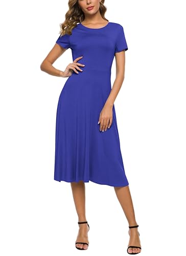 Image of EXCHIC Women's Casual Round Neck Short Sleeve Midi Dress Solid Stretchy Waist Knee Long Dress