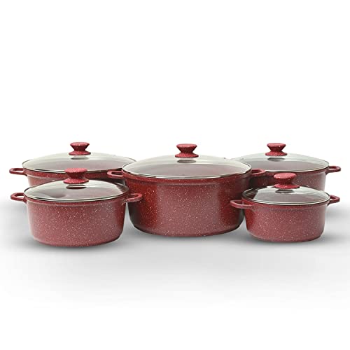 Royalford 5Pcs Die-Cast Aluminium Stockpot Set with Glass Lids - Induction Safe Non-Stick Casserole Set - Granite Coating Cookware Pots - Large Cooking Stockpot - Suitable for Most Types of Hobs Red