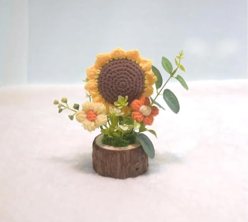 Image of VRB DecTM 1 Pcs Crochet Flowers Artificial Sunflower for Office Desk Car Dashboard Decor,Home Decoration, Office, Bedroom (Sunflower Artificial Plants with Pot Wodden - 1 Pcs)