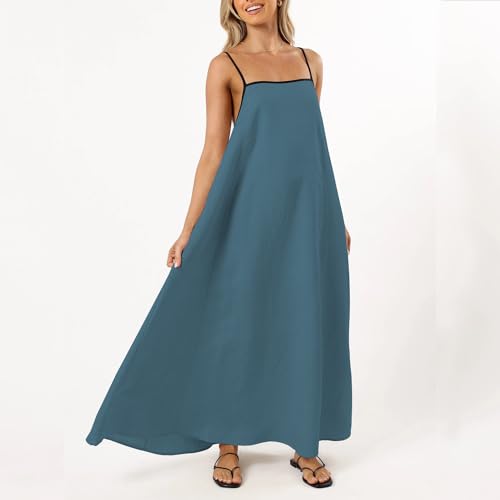 Image of Senllen Women's Linen Dress Summer Loose Flowy Sundress Contrast Spaghetti Strap Sleeveless Backless Beach Maxi Long Dresses