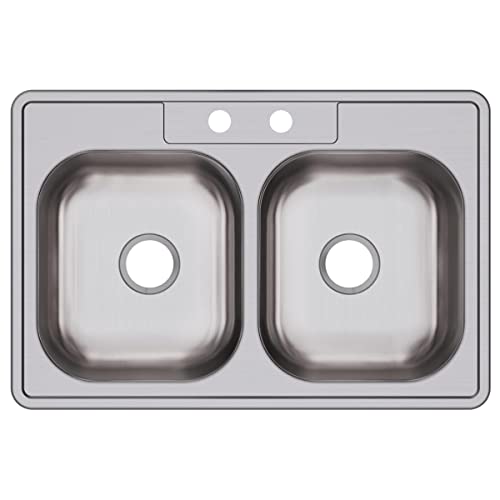 Image of Dayton Stainless Steel 33 inch x 22 inch x 7-1 /16 inch, 2-Hole Equal Double Bowl Drop-in Sink