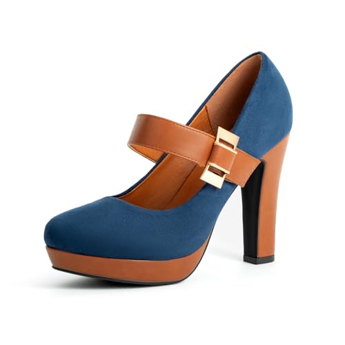 Women's Platform Mary Jane Heels Closed Round Toe Chunky High Heel Pumps Dress Shoes Buckle Strap Business Casual Heeled Pump for Wedding Work Party