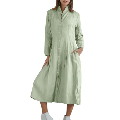 Cotton Linen Midi Shirt Dresses for Women Fall Casual Loose Long Sleeve Collared Button Down Pleated Dress with Pockets