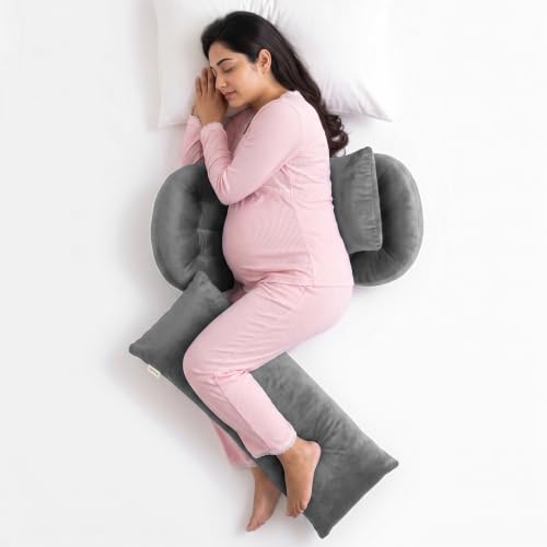 Image of OYO BABY Maternity Pillow Bundle | Adjustable Butterfly Design | Plush Velvet 4-in-1 Maternity Body Pillow | Doubles as Nursing Pillow for Back, Hip and Belly Support - Grey