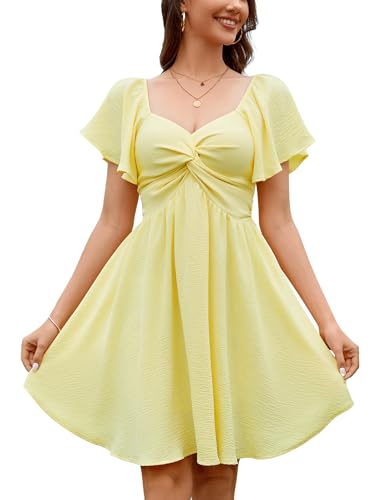 Florboom Women's Summer Sweetheart Neckline Short Sleeve Sexy Mini Dresses Knot Front Chiffon Going Out Picnic Flowy Dress (Yellow, M)