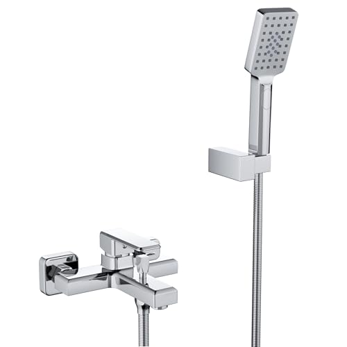 MORADO Mezclador de ducha monomando, grifo de ducha monomando montado en la pared con manguera de ducha de 150 cm y ducha de mano de 3 funciones, latón macizo, acabado cromado, forma cuadrada, montado