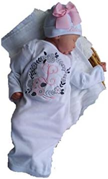 Theposhlayette Newborn Baby Girl Coming Home Outfit Personalized Layette Gown with Beanie Baby Girl Shower Gifts (White/Pink) (0 to 3 months)