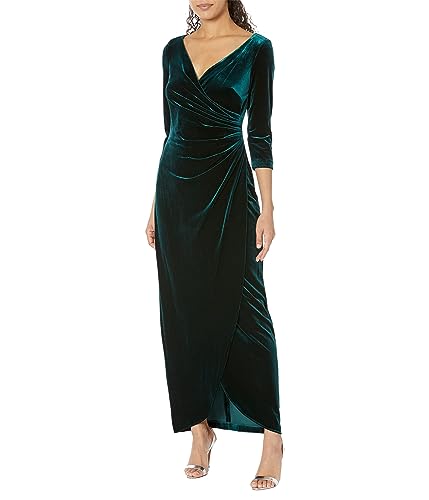Image of Alex Evenings Womens Long 3 /4 Sleeve Formal Event Dress with Cinched Tie Waist (Petite and Regular Sizes)