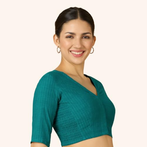 Image of Studio Shringaar Women Cotton Half Sleeve Madras Checks Saree Blouse with Stretchable Sides