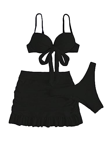 Maillot de bain 3 pièces push-up galbant à volants froncés noir M