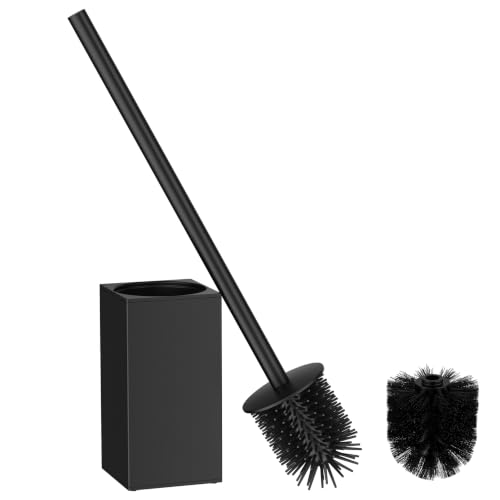 Image of FORIOUS Stainless Steel Toilet Bowl Brush Scrubber and Holder Set Short | Black, Extended Handle, Removable Inner Bowl, Stable Splash Guard, Steel Joint, Scratch‑Resistant Bristles, for Bathroom RV