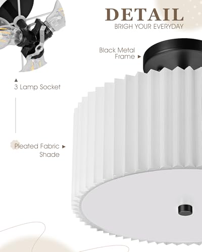 Image of Semi Flush Mount Ceiling Light, 3-Light 12.5 inch Matte Black Ceiling Light Fixture with White Pleated Fabric Shade, Drum Lamp for Nursery Hallway Bedroom Kitchen, AD-25036-3SF-BK