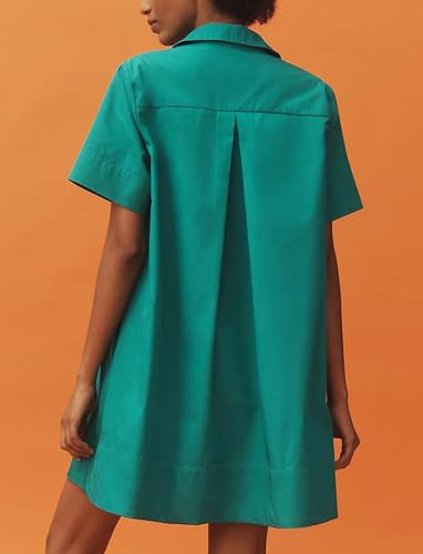 Image of Dsewpaur Short Sleeve Swing Tunic Mini Dress for Women Button Up Shirt Blouse Short Dress Summer Casual Flowy A Line Dress