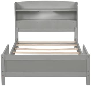 Twin Platform Bed with LED Motion Sensor Light & Bookcase Headboard for Girls,Boys,Noise-Free,Easy Assemble,No Box Spring Needed,Grey