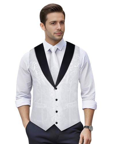 Image of DiBanGu Mens Paisley Suit Vest Silk Jacquard Waistcoat and Necktie Set Formal Shawl Collar Dress Vest 7PCS for Wedding Party