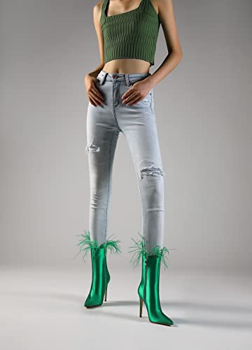 Vivianly Pointed Toe Sock Booties Feather Stiletto Heel Mid-Calf Boot Satin Ankle Booties For Women Green Size 9 #TOP1