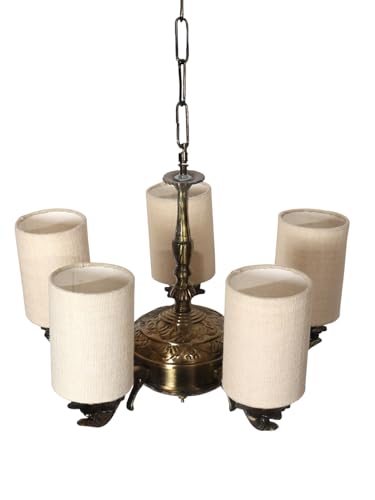 Image of Devansh 05 Lights White Jute Round Shade with Antique Golden Chandelier