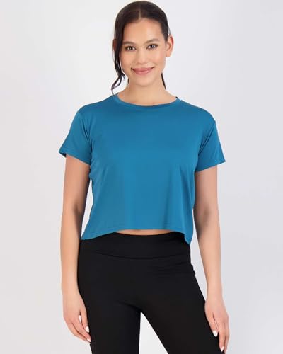Image of Real Essentials 5 Pack: Women's Dry Fit Crop Top - Short Sleeve Crew Neck Stretch Athletic Tee (Available in Plus Size)