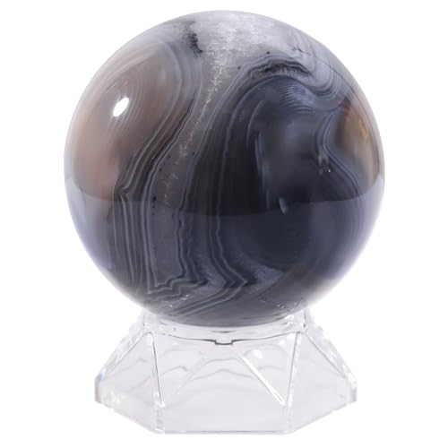 Amogeeli Stripes Black Agate Stone Sphere for Divination with Acrylic Base Crystal Ball Sculpture for Healing 2.4-2.75