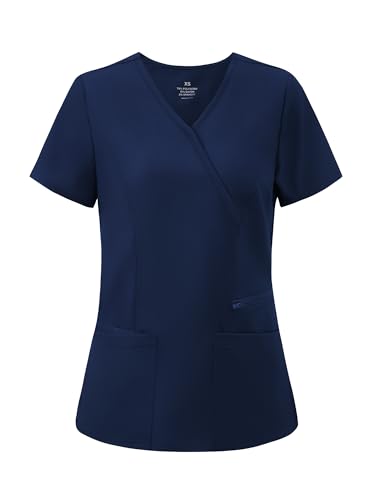 COZYFIT Scrub Tops for Woman - Back Princess Seams, Mock Wrap Top with 3 Pockets,Navy Blue,M