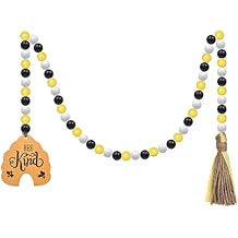 Spring Wood Beads Garland with Tassels and Sunflower/Bee Tag, Farmhouse Rustic Boho Wooden Prayer Beads Tassels Garland for Tiered Tray Home Hanging Decor Color 3110cm
