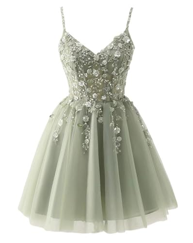 Dydsz Spaghetti Strap Appliques Homecoming Dresses for Teens HOCO Dress Tulle Short Prom Dress for Women