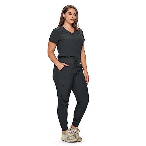 Monarch Uniforms Slim Fit Stretchy Scrubs Women's Jogger Scrub Set Slim Jogger Scrubs with Tuck-In Top for Women (BLACK-S)