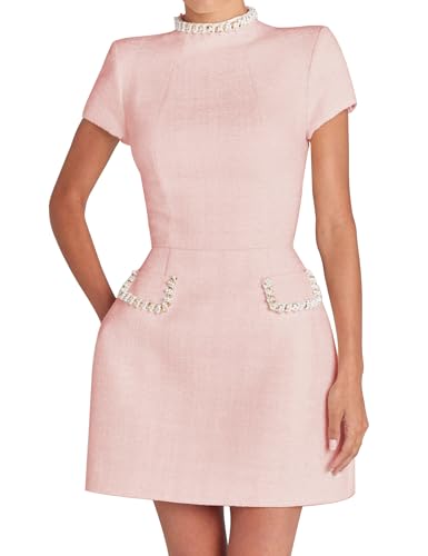 LuFeng Womens Sexy Short Sleeve High Neck Pearls Mini Dress