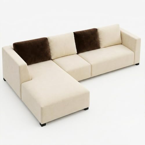 Image of FURNY Olympus 6 Seater LHS L Shape Sofa Set | Plush Velvet Suede Fabric | Modern Design | Soft Comfort Dual Color Cushions for Living Room, Office & Hotels (Cream-Dark Brown)