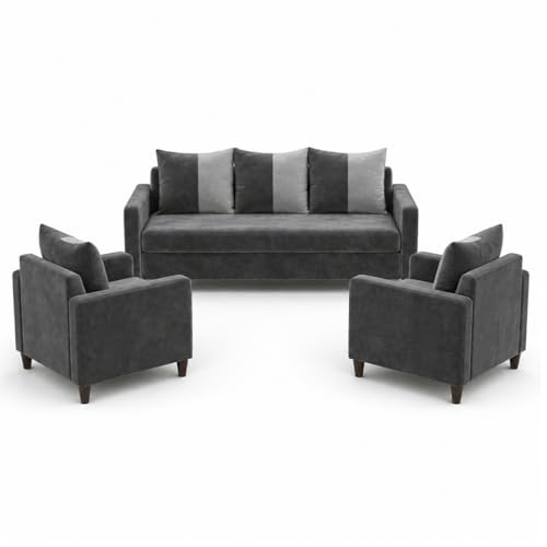Image of FURNY Rion 3 Seater + 1 Seater + 1 Seater Fabric Sofa Set (Dark Gray-Light Gray) with Velvet Finish | Durable Comfort | Ideal for Living Room