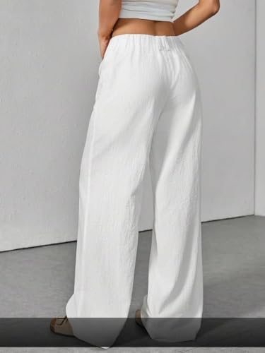 Image of GRECIILOOKS Beige Wide Leg Linen Trousers for Women | High Waist Cotton Baggy Korean Style Casual Pants | Comfortable Formal & Casual Women Trousers