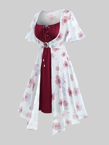 Image of ROSE GAL Rosegal Plus Size Women Sundress Set Flutter Sleeves Floral Dress and Lace-up Cami Dress